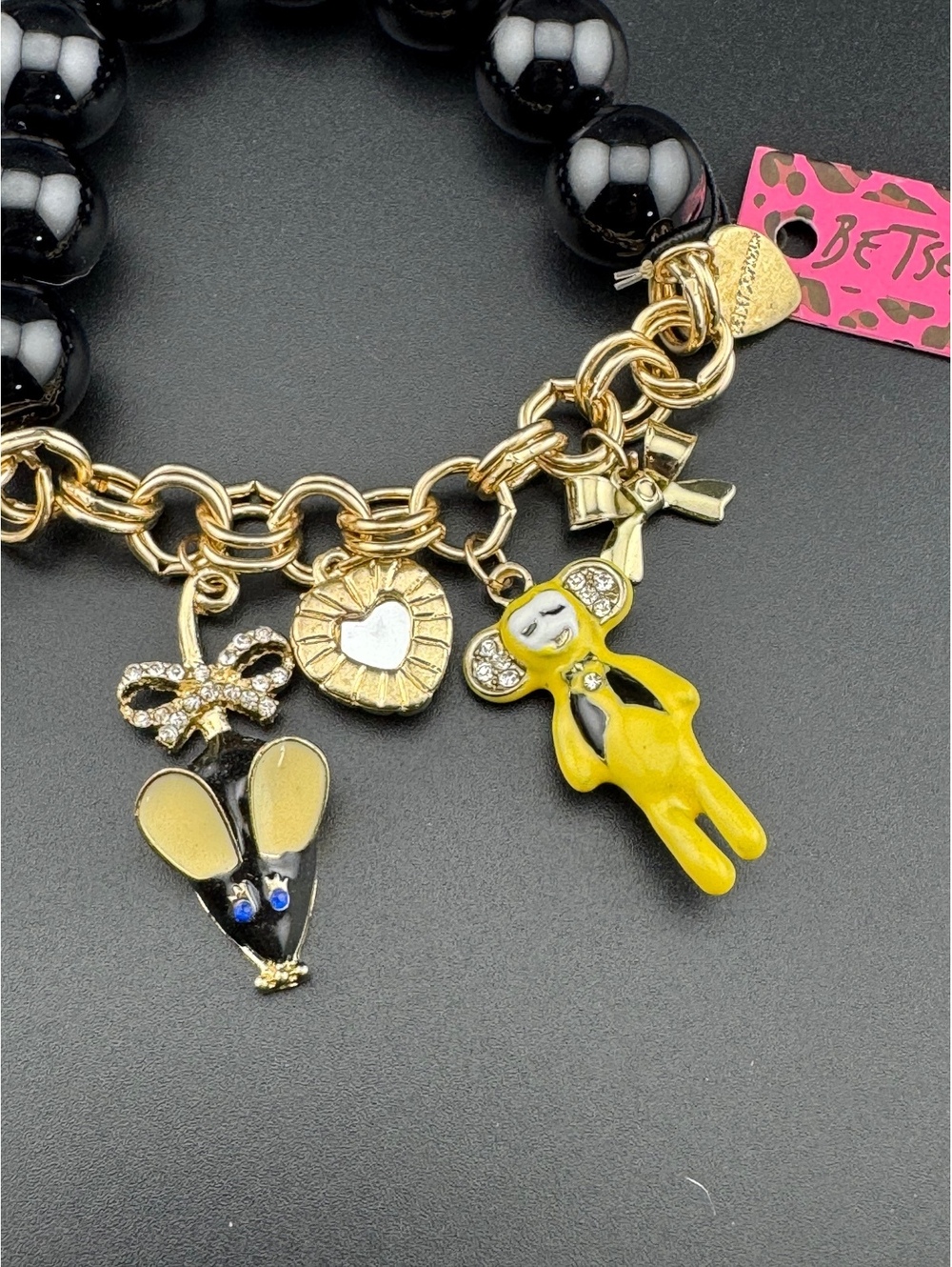Betsey Johnson Black Beaded Charm Bracelet with Yellow Mouse - Picture 2 of 3